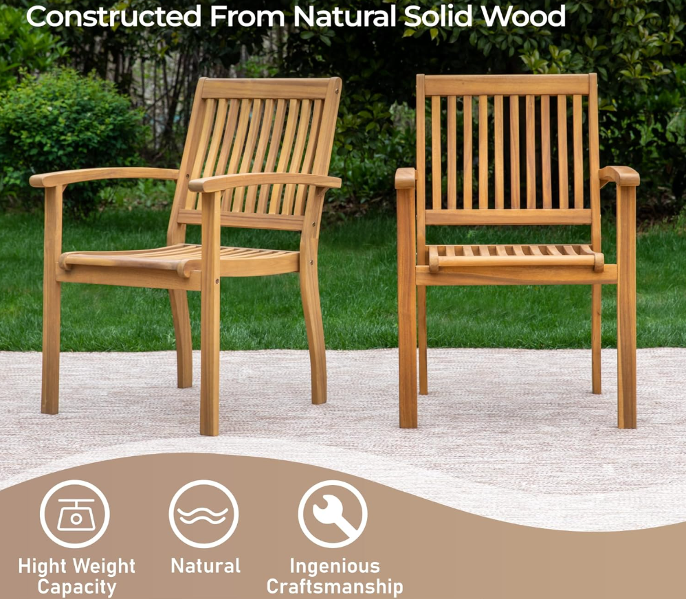 Acacia Wood 7 Piece Patio Dining Sets for 6, Outdoor Dining Set with Expandable Teak Dining Table(1.97" Umbrella Hole) & Wooden Chairs, Outdoor Table and Chairs for Backyard,Deck