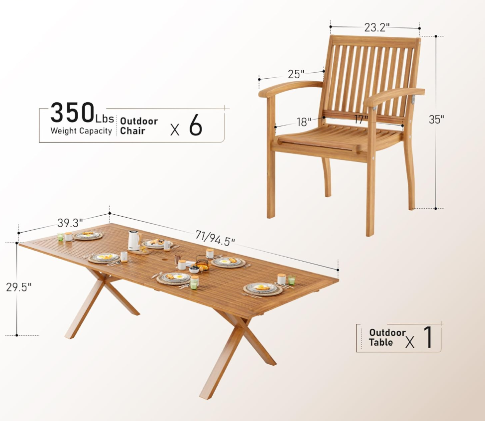 Acacia Wood 7 Piece Patio Dining Sets for 6, Outdoor Dining Set with Expandable Teak Dining Table(1.97" Umbrella Hole) & Wooden Chairs, Outdoor Table and Chairs for Backyard,Deck