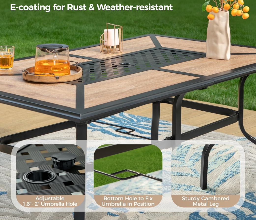 61" x 38" x 28" Patio Dining Table,（Premium PVC Table Top）,Rectangular Steel Outdoor Dining Table Steel Frame with 1.57" Umbrella Hole