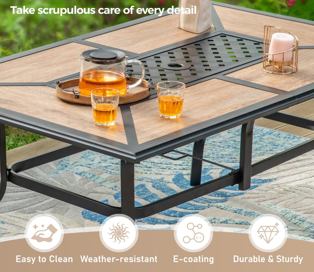 61" x 38" x 28" Patio Dining Table,（Premium PVC Table Top）,Rectangular Steel Outdoor Dining Table Steel Frame with 1.57" Umbrella Hole