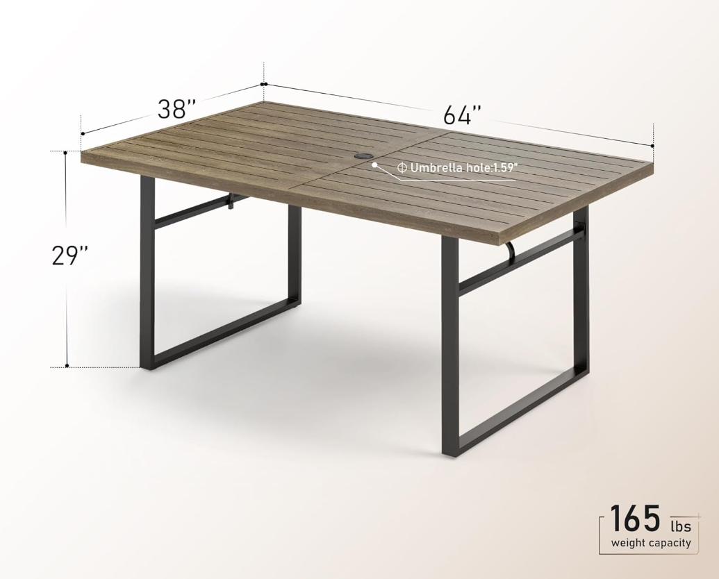 Patio Dining Table 63.8" x 38.2" x28.7" Rectangular Outdoor Dining Table with U-Shaped Legs,Steel Frame with 1.57" Umbrella Hole for Garden Backyard