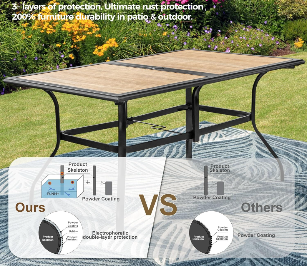 Patio Dining Table（Premium PVC Table Top）,60" x 37" x28" Rectangular Steel Outdoor Dining Table Steel Frame with 1.57" Umbrella Hole