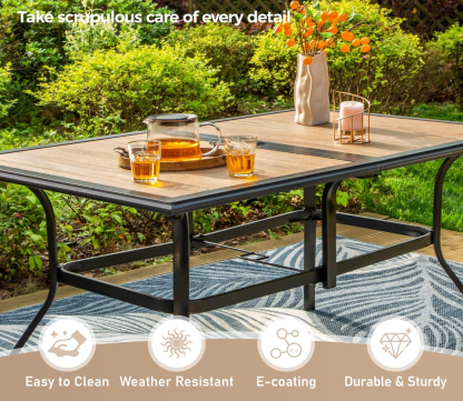 Patio Dining Table（Premium PVC Table Top）,60" x 37" x28" Rectangular Steel Outdoor Dining Table Steel Frame with 1.57" Umbrella Hole