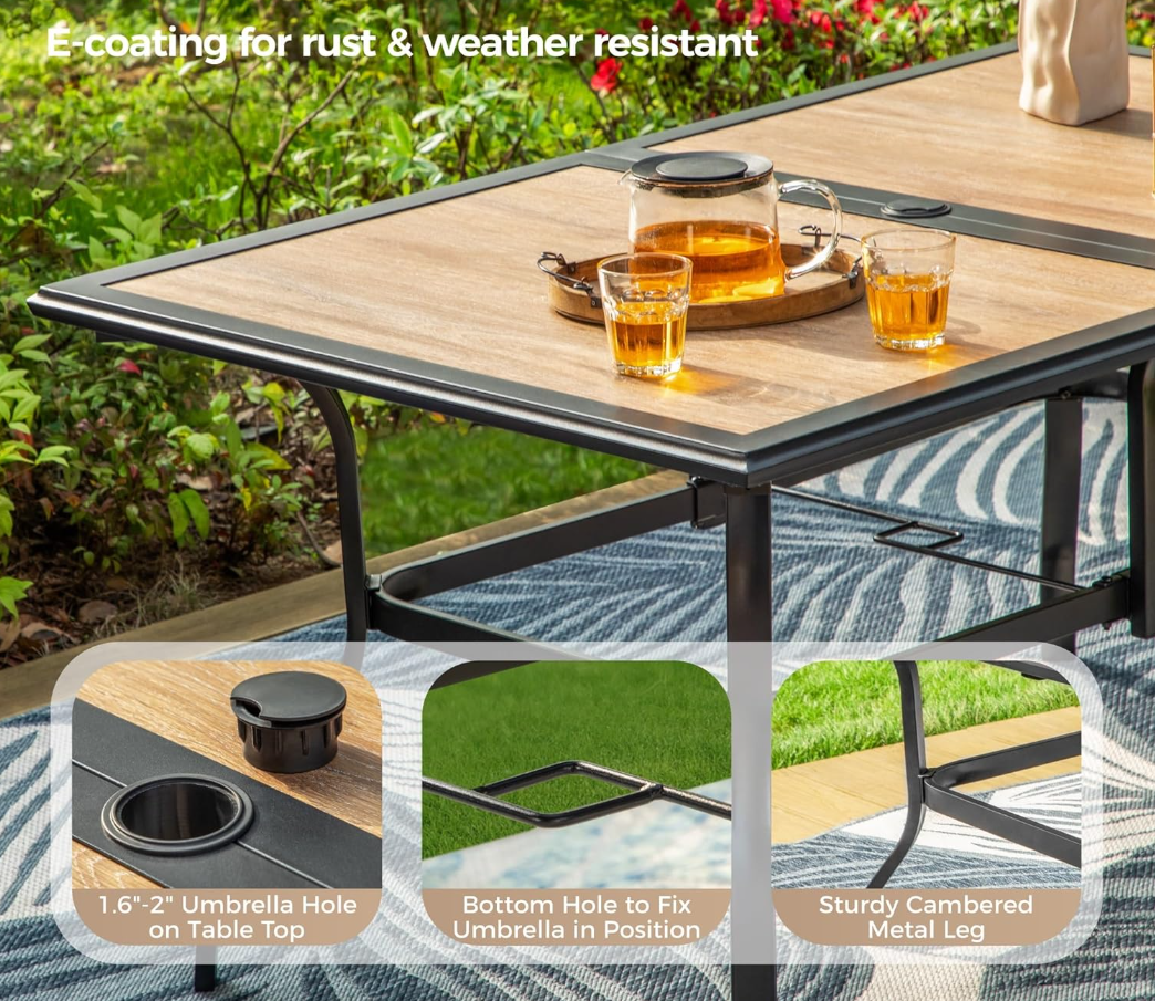 Patio Dining Table（Premium PVC Table Top）,60" x 37" x28" Rectangular Steel Outdoor Dining Table Steel Frame with 1.57" Umbrella Hole