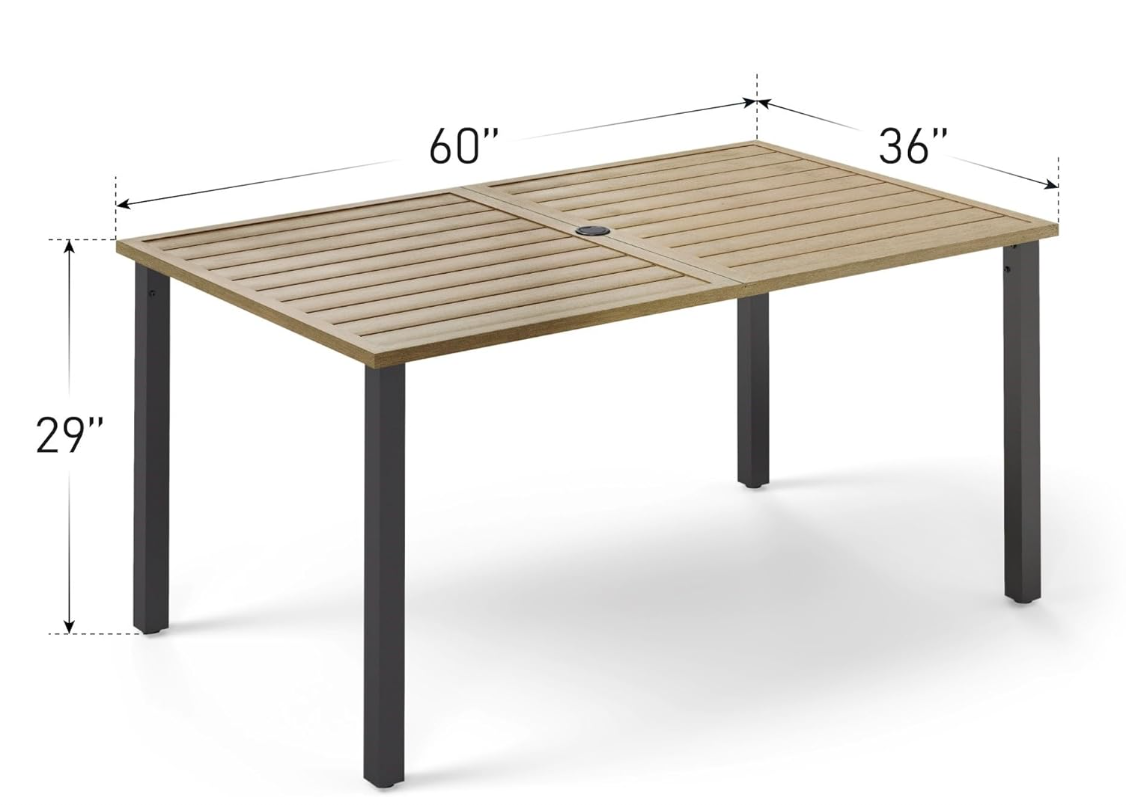 60" x 36" x 29"Patio Dining Table,Rectangular Outdoor Dining Table with Teak Color Table Top