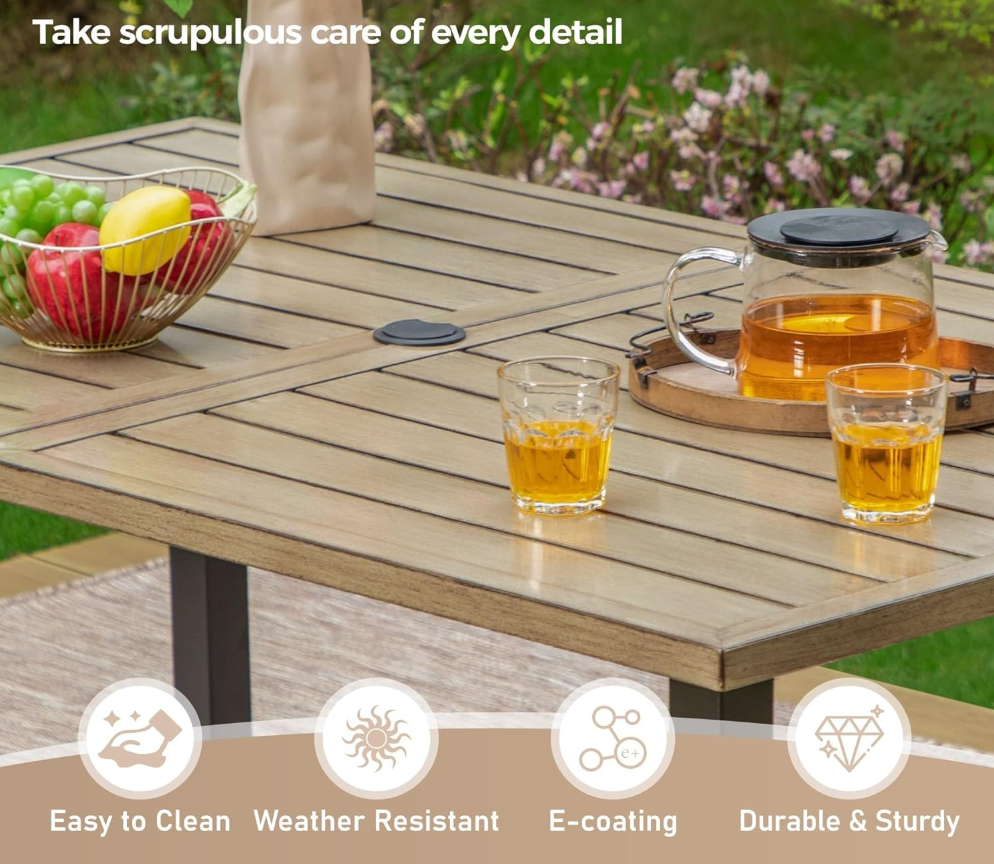 60" x 36" x 29"Patio Dining Table,Rectangular Outdoor Dining Table with Teak Color Table Top