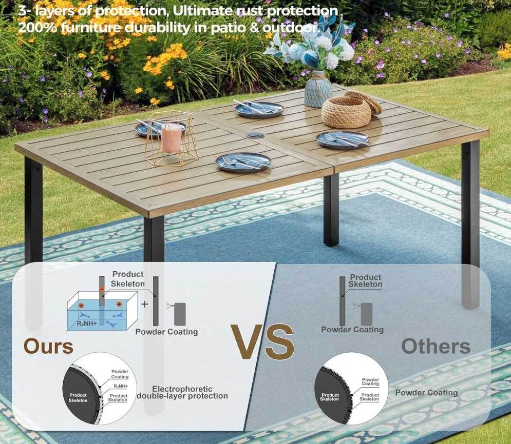 60" x 36" x 29"Patio Dining Table,Rectangular Outdoor Dining Table with Teak Color Table Top