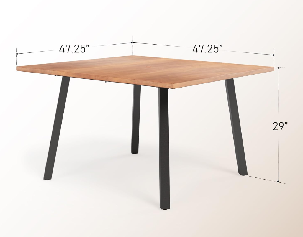 47" x 47" x 28" Patio Dining Table for 4-6, Big Metal Wood-Like Square Table with 1.57" Umbrella Hole for Garden, Backyard, Deck and Porch