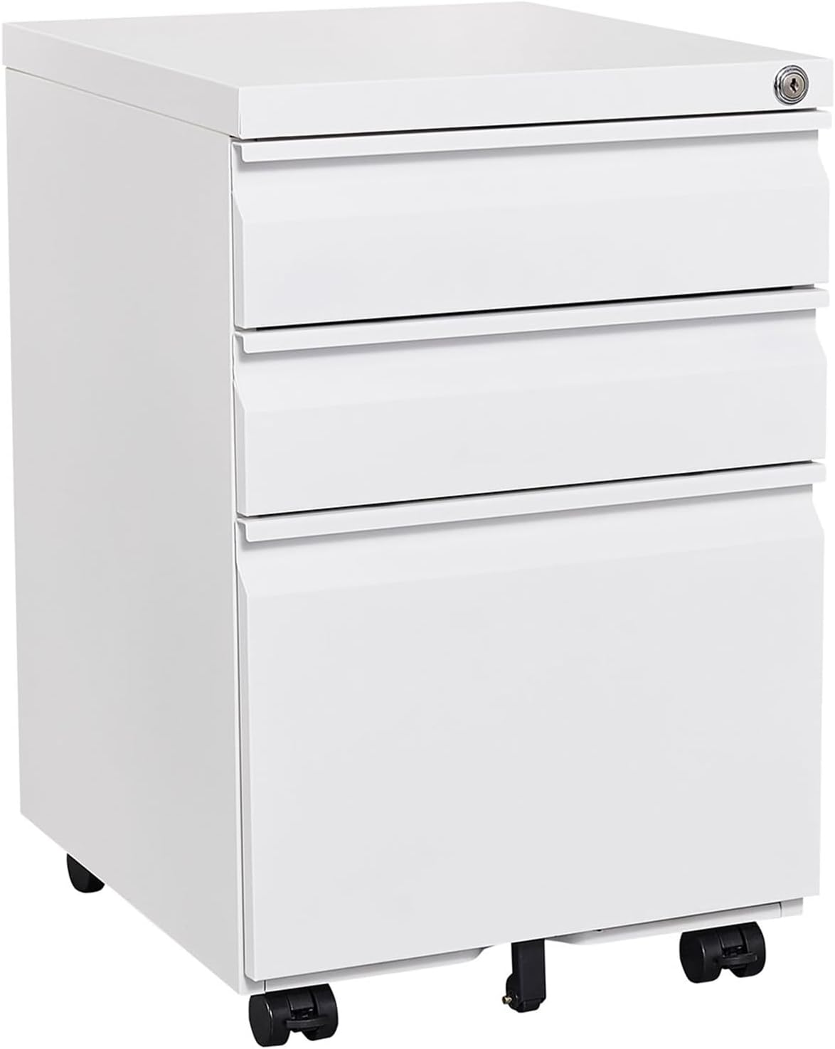 Metal File Cabinets for Home Office 3 Drawer Mobile Filing Cabinet with Lock 5 Rolling Wheels White Vertical Office Cabinet fits A4/Letter/Legal Size Fully Assembled