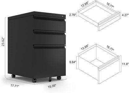 Metal File Cabinets for Home Office 3 Drawer Mobile Filing Cabinet with Lock 5 Rolling Wheels Vertical Office Cabinet fits A4/Letter/Legal Size Fully Assembled (Black)