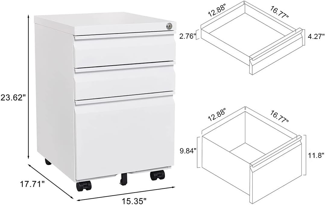 Metal File Cabinets for Home Office 3 Drawer Mobile Filing Cabinet with Lock 5 Rolling Wheels White Vertical Office Cabinet fits A4/Letter/Legal Size Fully Assembled