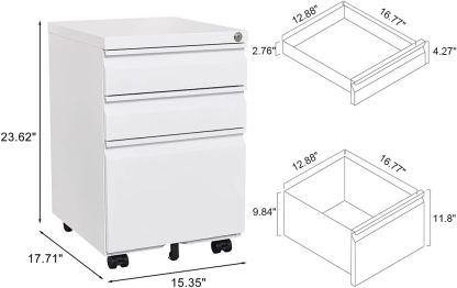 Metal File Cabinets for Home Office 3 Drawer Mobile Filing Cabinet with Lock 5 Rolling Wheels White Vertical Office Cabinet fits A4/Letter/Legal Size Fully Assembled