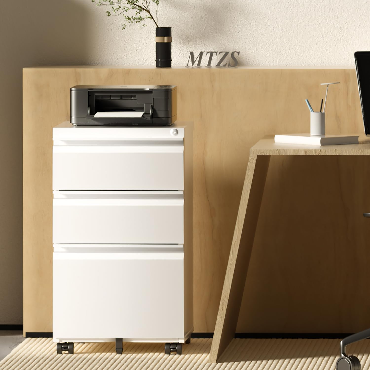 Metal File Cabinets for Home Office 3 Drawer Mobile Filing Cabinet with Lock 5 Rolling Wheels White Vertical Office Cabinet fits A4/Letter/Legal Size Fully Assembled