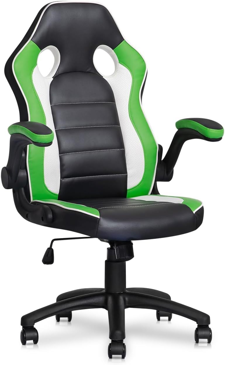 Computer Gaming Chair in Green Ergonomic Video Game Adjustable Swivel Task Chair Padded Flip-up Arms with Wheels for Teens Adults Gamer, Black/Green
