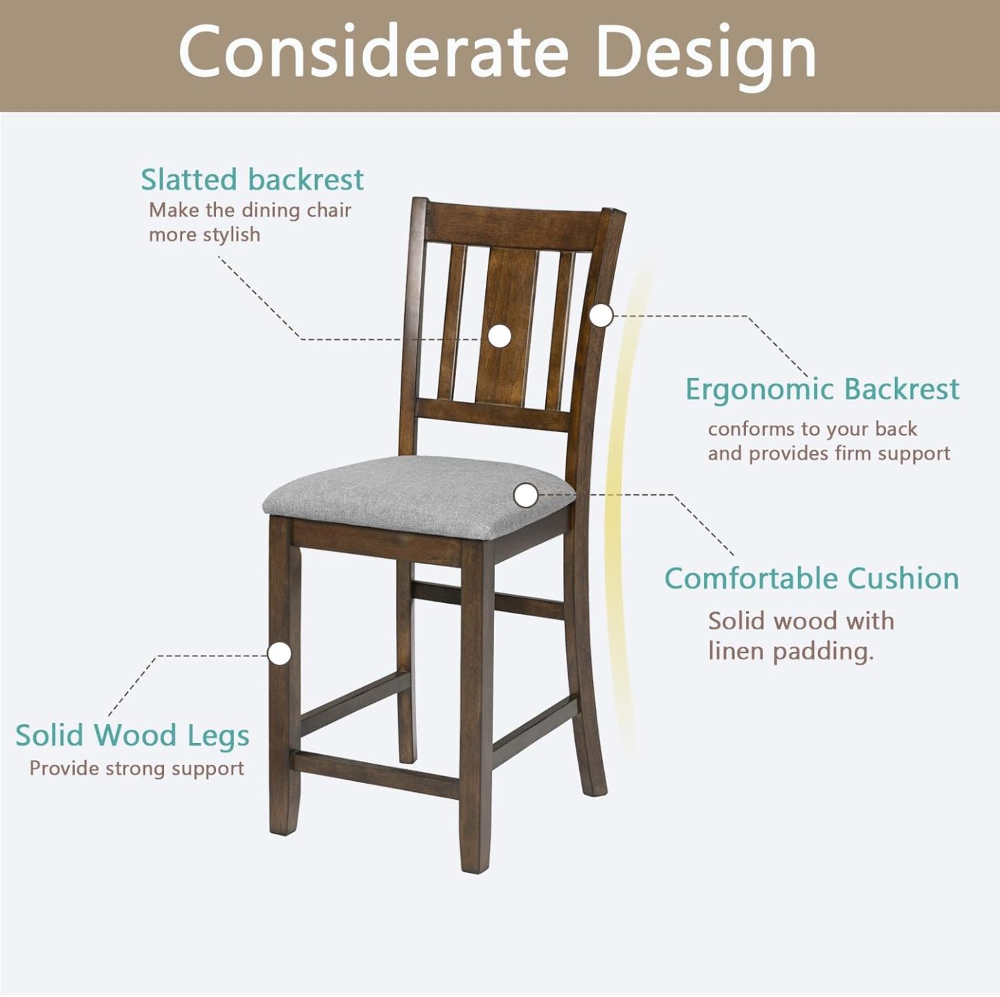 Upholstered Dining Chairs Set of 4, Mid Century Modern Wood Kitchen & Dining Room Chairs, Accent Chair for Kitchen Living Room Bedroom Wedding Party Restaurant with Slatted Back