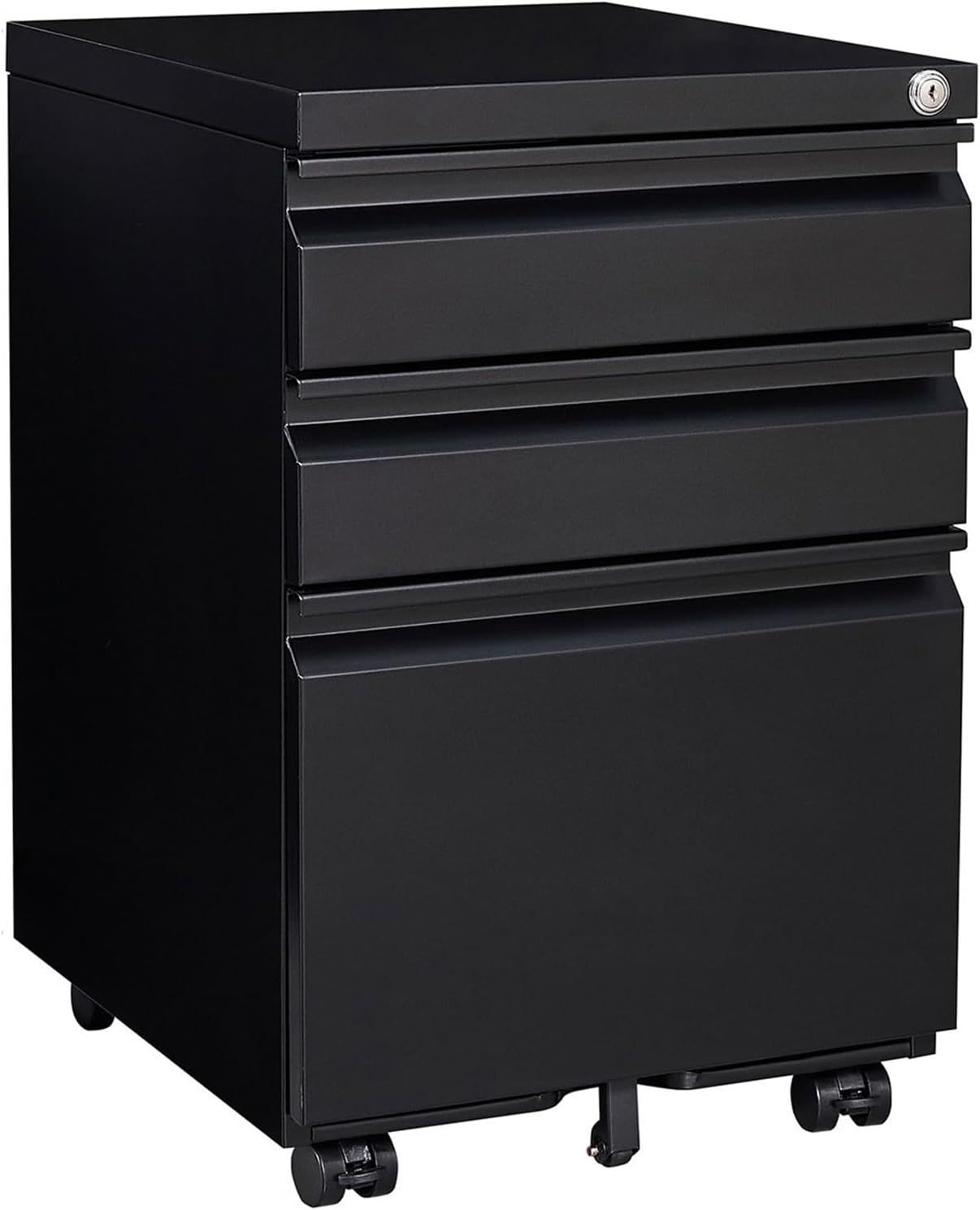 Metal File Cabinets for Home Office 3 Drawer Mobile Filing Cabinet with Lock 5 Rolling Wheels Vertical Office Cabinet fits A4/Letter/Legal Size Fully Assembled (Black)