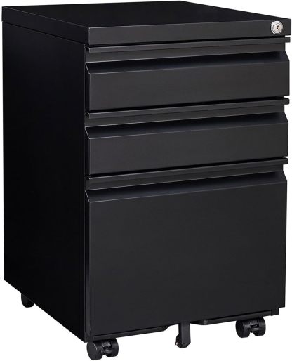 Metal File Cabinets for Home Office 3 Drawer Mobile Filing Cabinet with Lock 5 Rolling Wheels Vertical Office Cabinet fits A4/Letter/Legal Size Fully Assembled (Black)