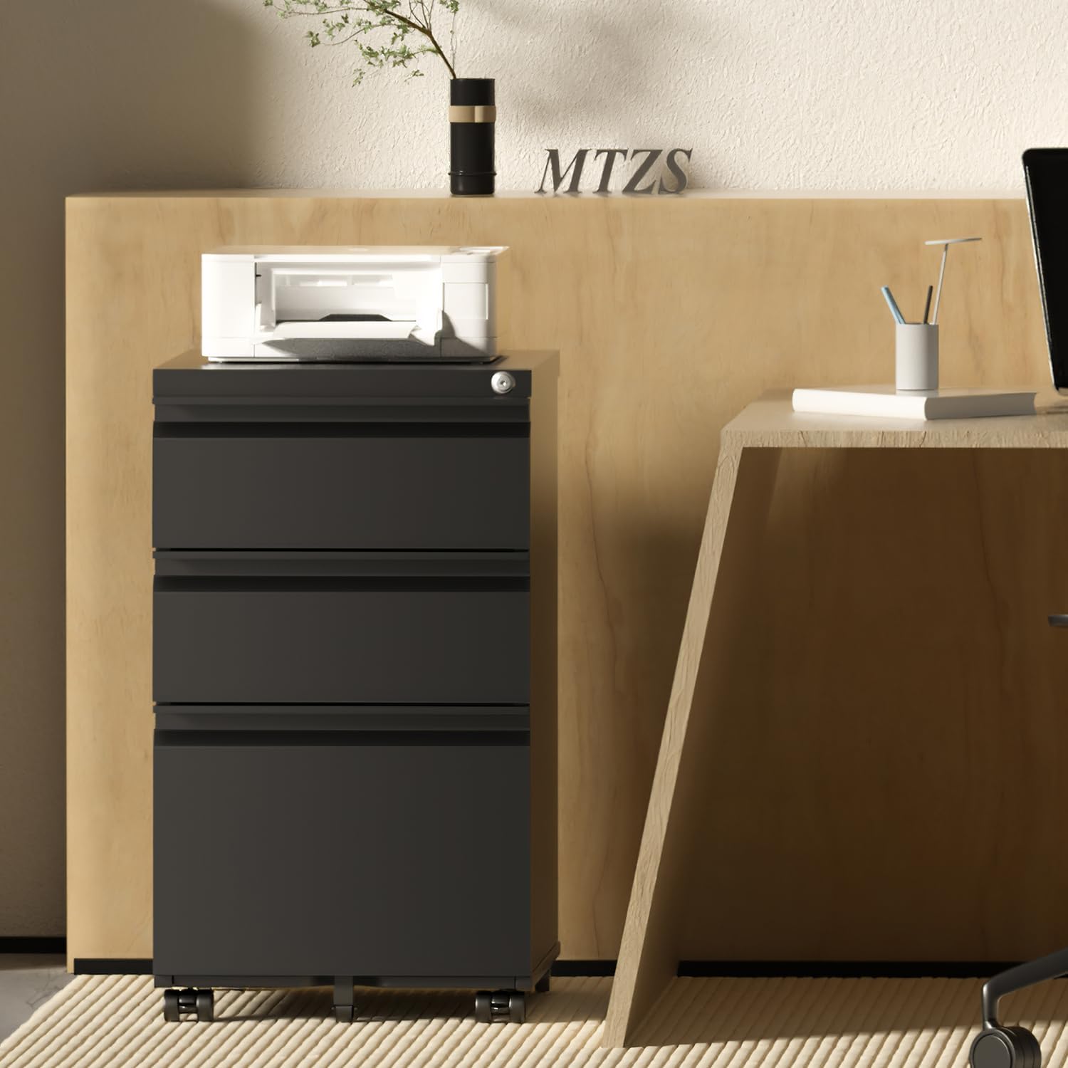 Metal File Cabinets for Home Office 3 Drawer Mobile Filing Cabinet with Lock 5 Rolling Wheels Vertical Office Cabinet fits A4/Letter/Legal Size Fully Assembled (Black)