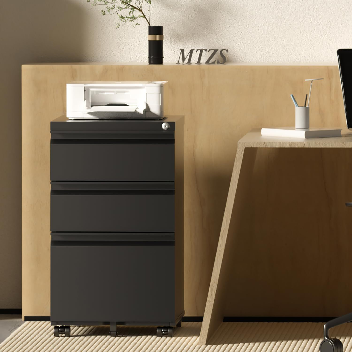 Metal File Cabinets for Home Office 3 Drawer Mobile Filing Cabinet with Lock 5 Rolling Wheels Vertical Office Cabinet fits A4/Letter/Legal Size Fully Assembled (Black)