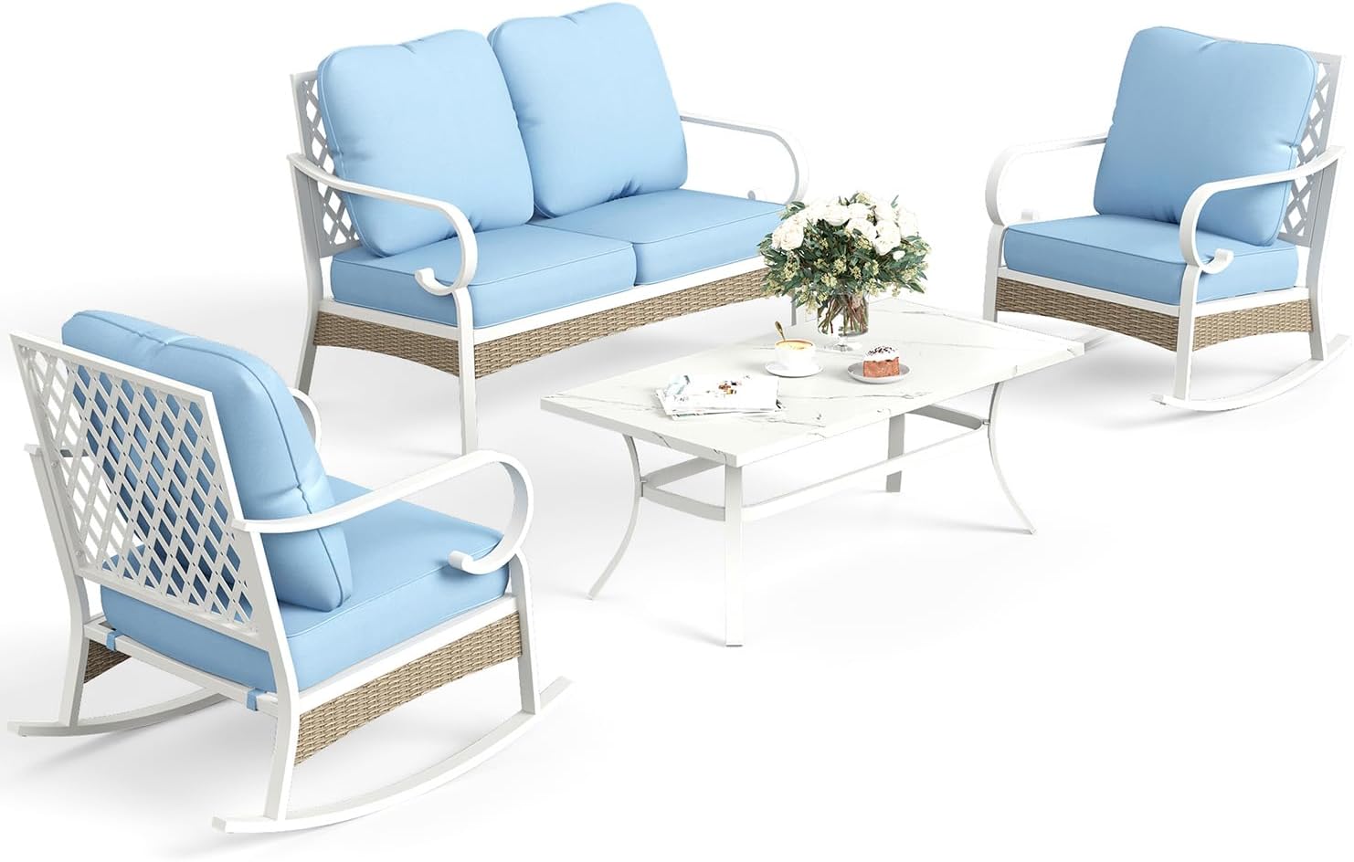 4 Piece Metal Outdoor Patio Furniture Sets, Patio Conversation Sets 1 2-seater Sofa, 2 Single Sofa with 5.75" Extra Thick Cushion and Coffee Table