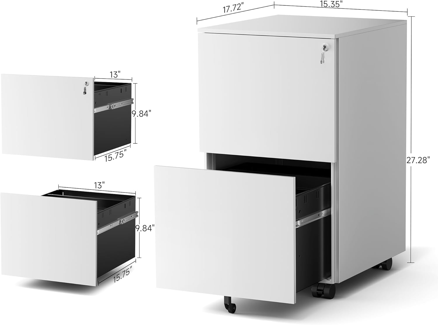 Metal Mobile File Cabinets for Home Office 2 Drawer Filing Cabinet with Lock Rolling Office File Cabinet fits A4/Letter/Legal Size Fully Assembled (White)