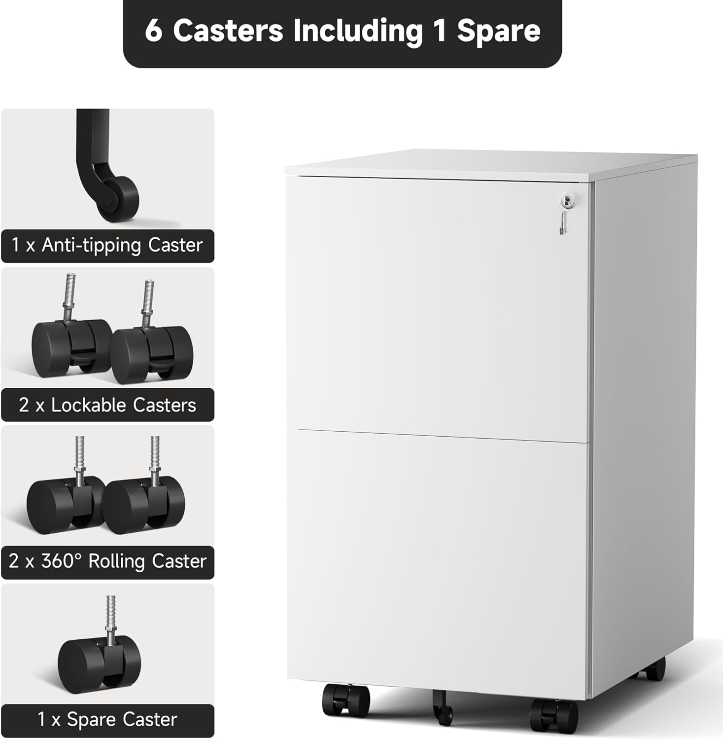 Metal Mobile File Cabinets for Home Office 2 Drawer Filing Cabinet with Lock Rolling Office File Cabinet fits A4/Letter/Legal Size Fully Assembled (White)