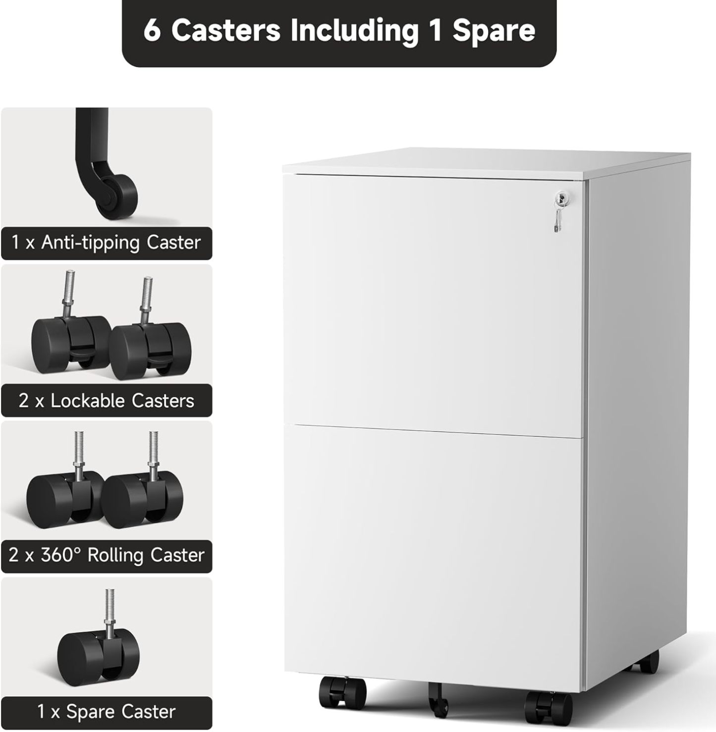 Metal Mobile File Cabinets for Home Office 2 Drawer Filing Cabinet with Lock Rolling Office File Cabinet fits A4/Letter/Legal Size Fully Assembled (White)