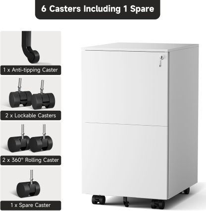 Metal Mobile File Cabinets for Home Office 2 Drawer Filing Cabinet with Lock Rolling Office File Cabinet fits A4/Letter/Legal Size Fully Assembled (White)