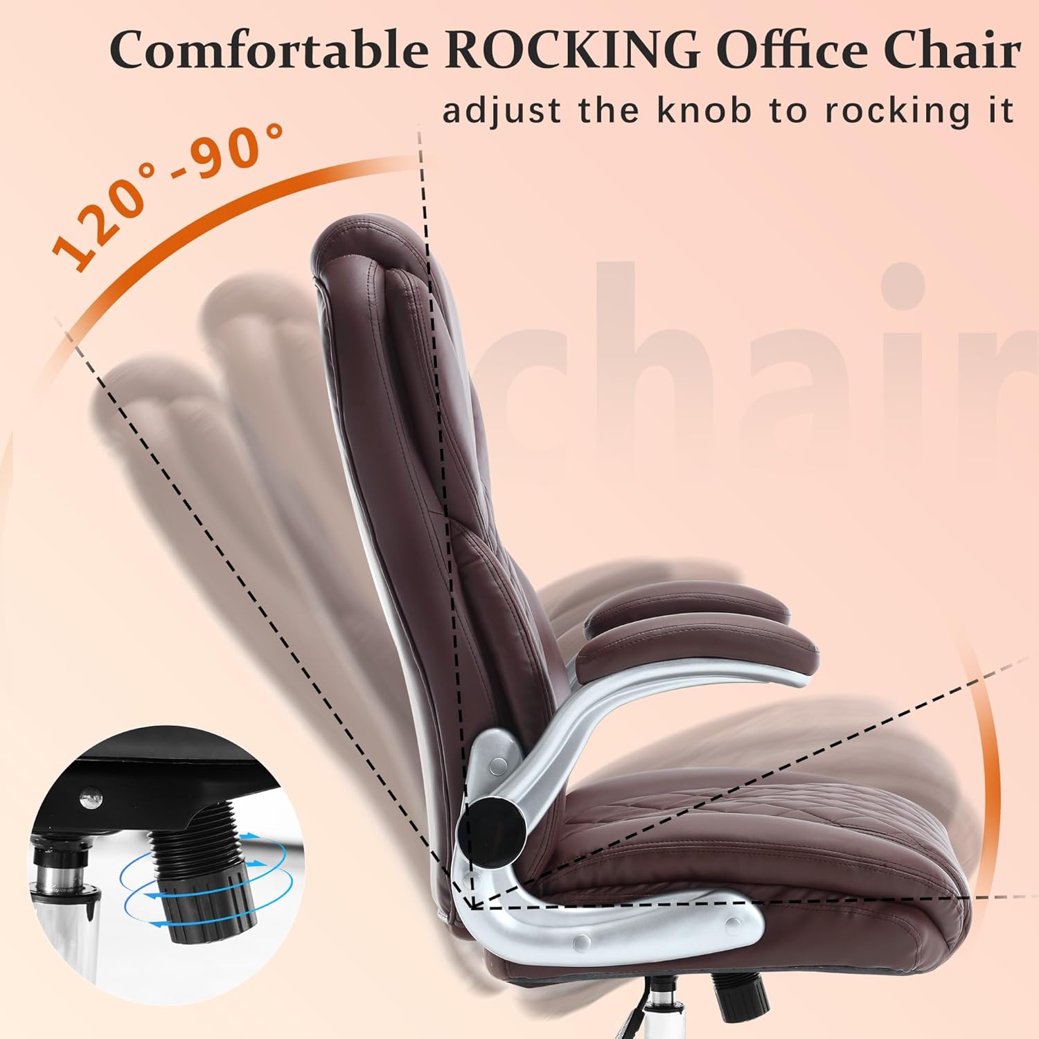 Executive Office Ergonomic Chair with Flip-up Armrests and Lumbar Support Computer High Back Adjustable Desk Chair Rocking PU Leather Modern Swivel Task Chair