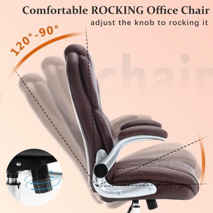 Executive Office Ergonomic Chair with Flip-up Armrests and Lumbar Support Computer High Back Adjustable Desk Chair Rocking PU Leather Modern Swivel Task Chair