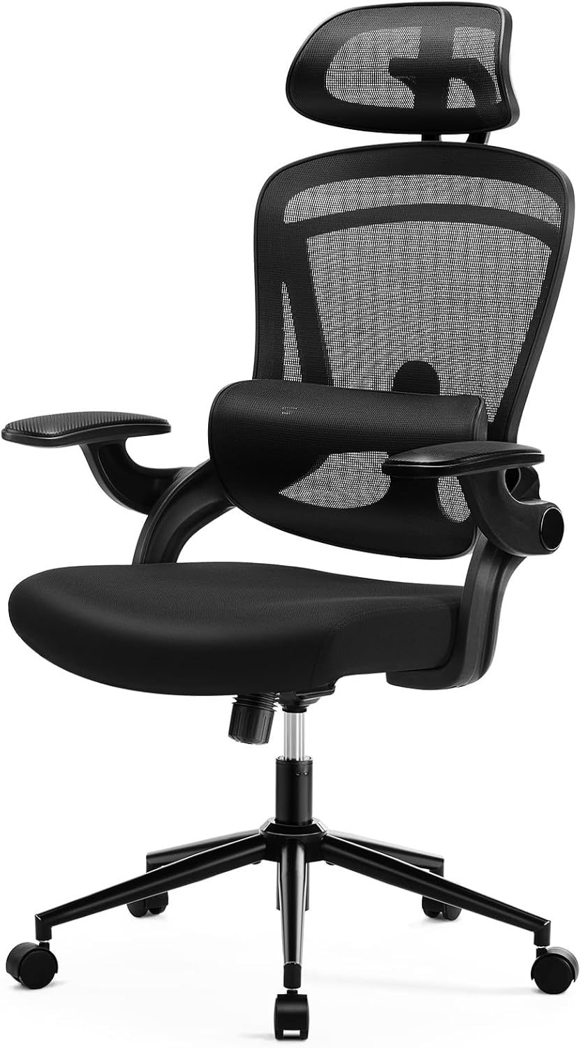 Ergonomic Office Chair with Headrest Adjustable Lumbar Support Flip-up Armrests Mesh High Back Adjustable Height Computer Desk Gaming Chair with Flip-up Armrests,120°Tilt, Black