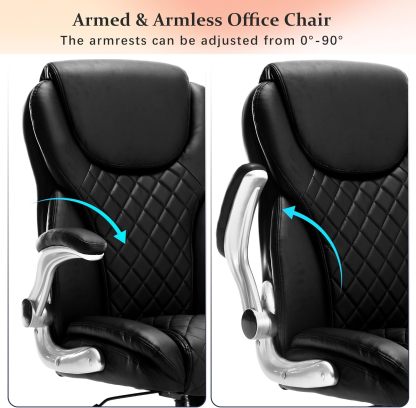 Executive Office Ergonomic Chair with Flip-up Armrests and Lumbar Support Computer High Back Adjustable Desk Chair Rocking PU Leather Modern Swivel Task Chair, Black