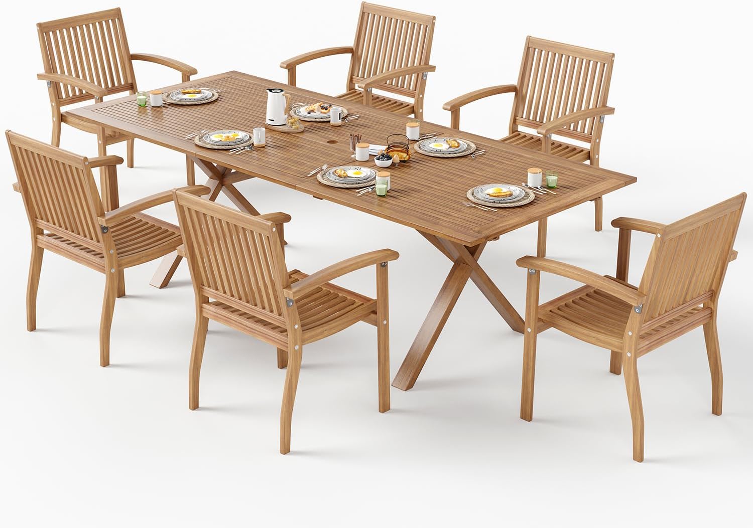 Acacia Wood 7 Piece Patio Dining Sets for 6, Outdoor Dining Set with Expandable Teak Dining Table(1.97" Umbrella Hole) & Wooden Chairs, Outdoor Table and Chairs for Backyard,Deck