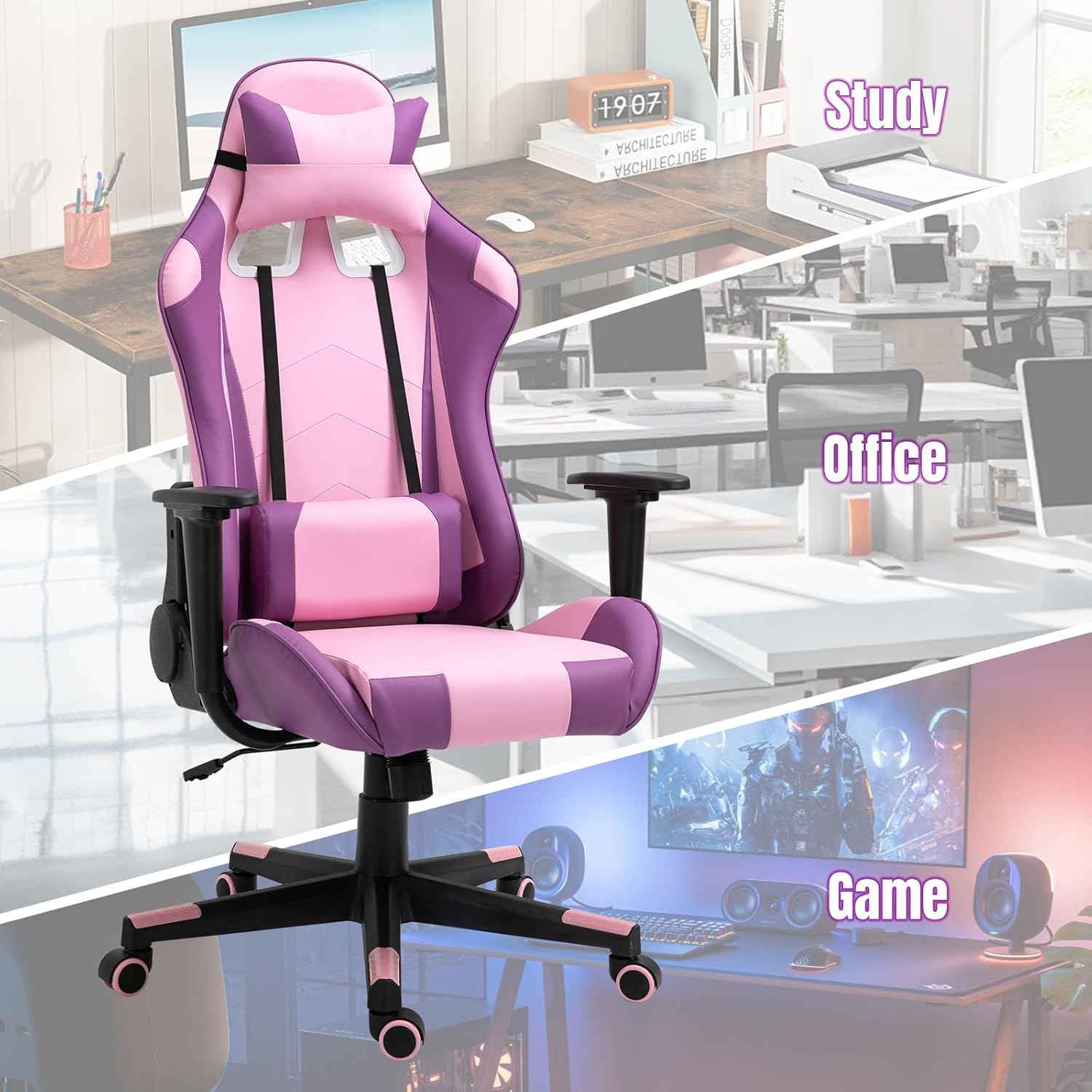 Reclining Gaming Chair, High-Back Recliner Chair with Headrest and Lumbar Support, PU Leather Racing Gaming Chair with Height Adjustable and Headrest 360° Swivel Seat