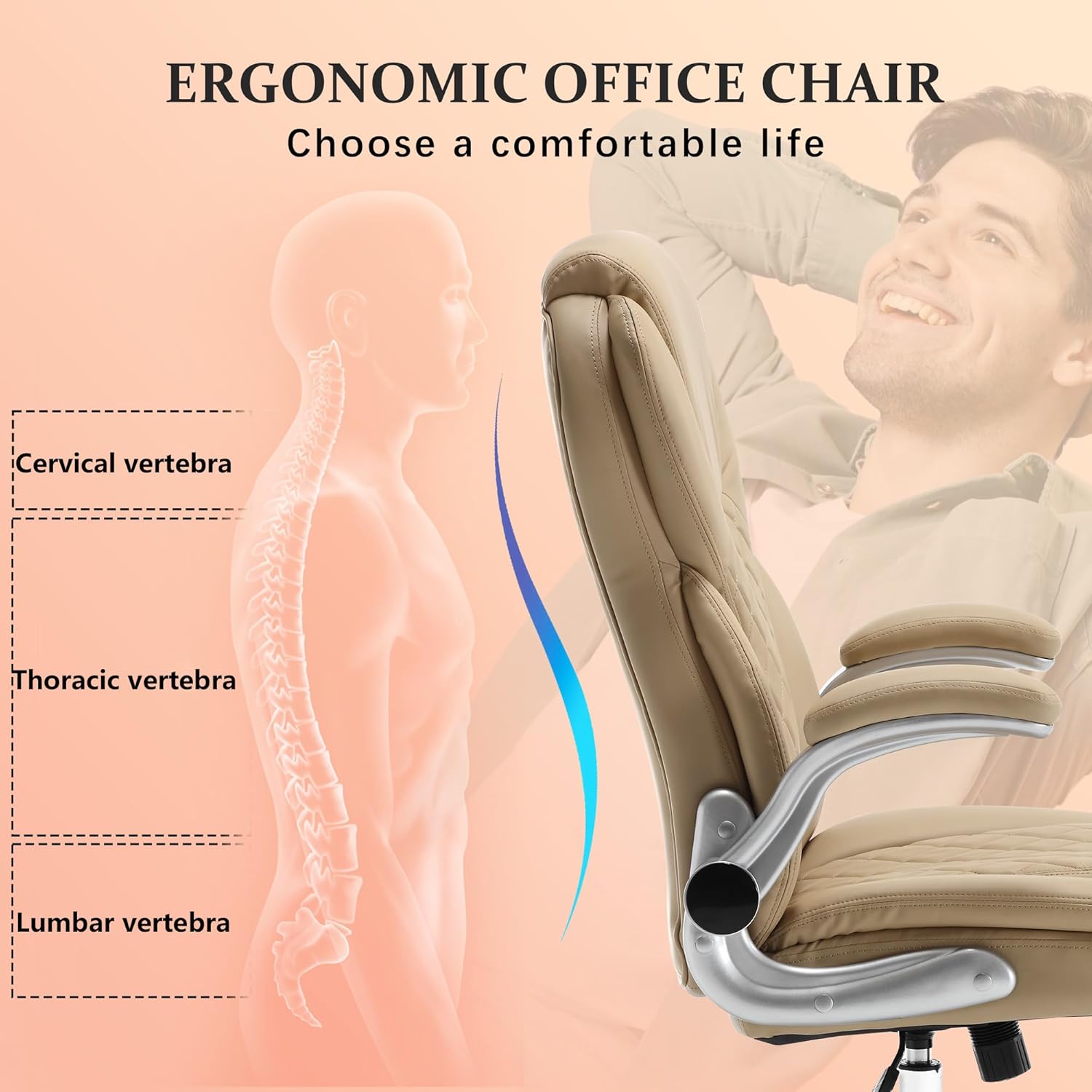 Executive Office Ergonomic Chair with Flip-up Armrests and Lumbar Support Computer High Back Adjustable Desk Chair Rocking PU Leather Modern Swivel Task Chair