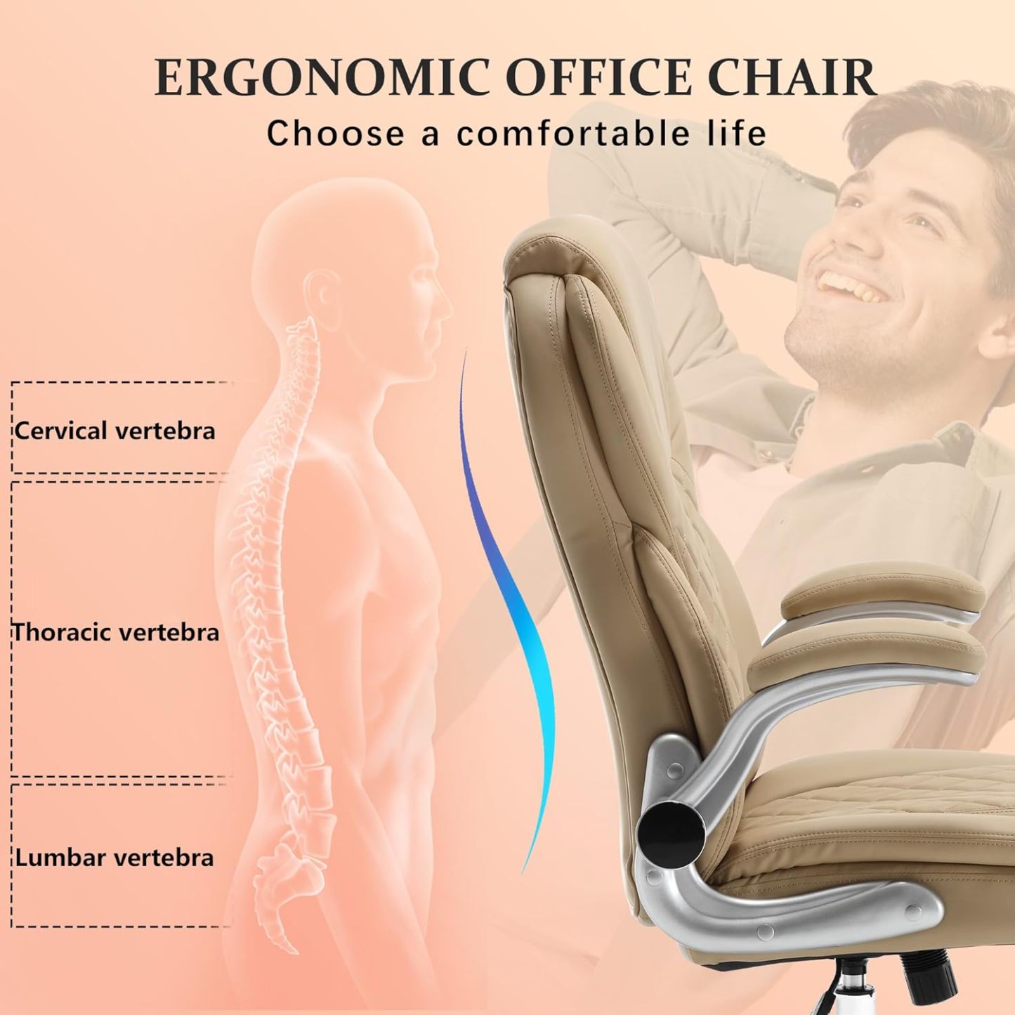 Executive Office Ergonomic Chair with Flip-up Armrests and Lumbar Support Computer High Back Adjustable Desk Chair Rocking PU Leather Modern Swivel Task Chair