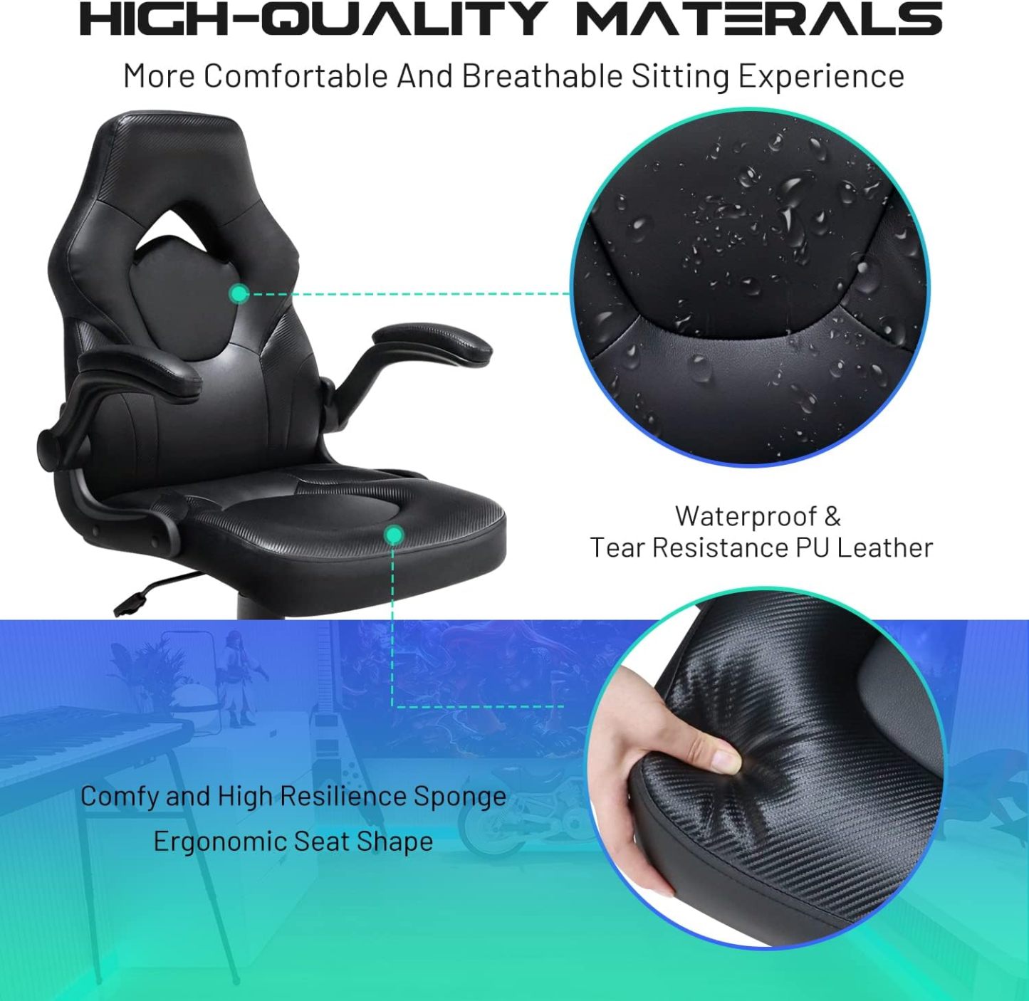 Office Gaming Chair with Flip-up Armrests, Ergonomic Computer Game Chair Bonded Leather Swivel Desk Chair Adjustable Height Comfortable Upholstered Armrests(Black)