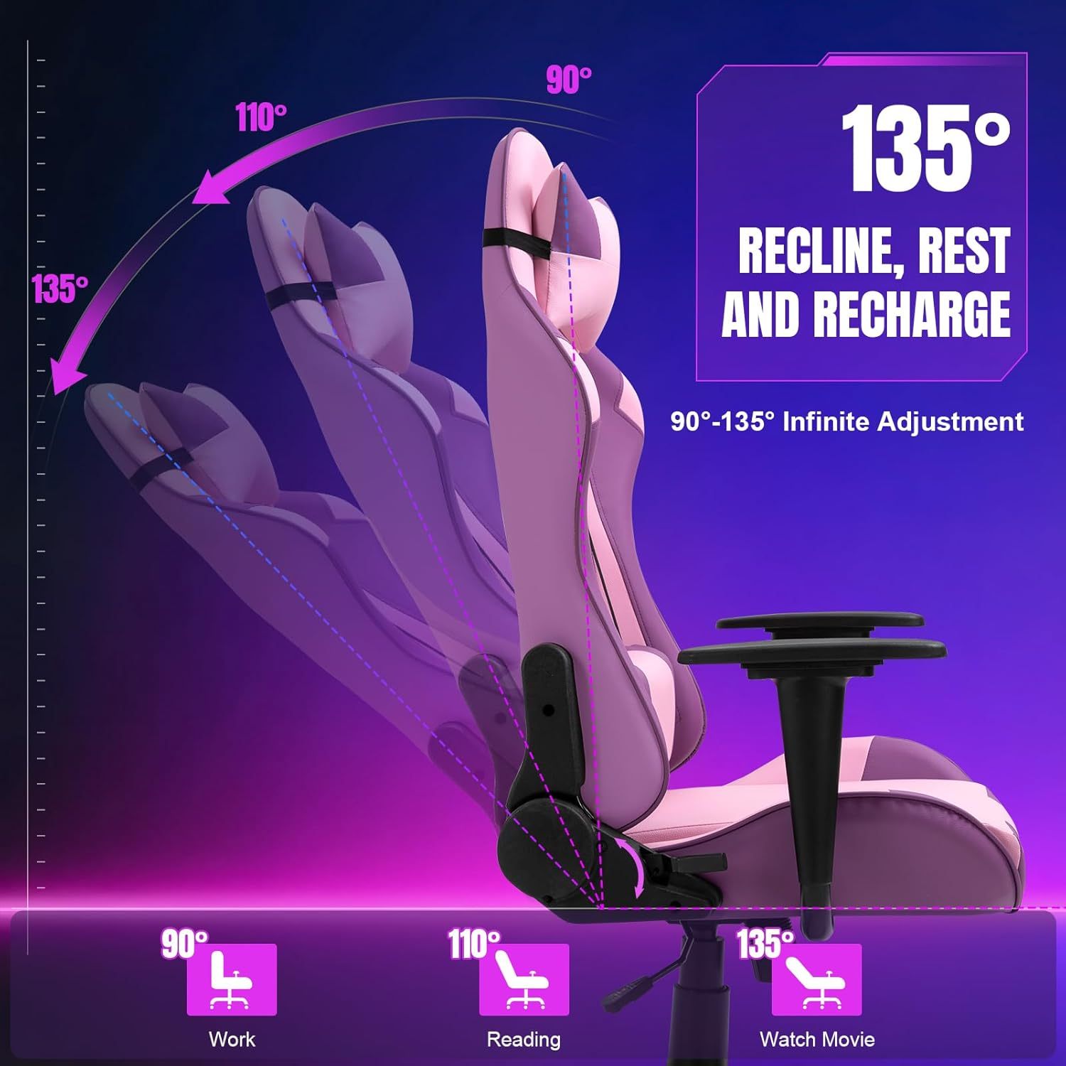 Reclining Gaming Chair, High-Back Recliner Chair with Headrest and Lumbar Support, PU Leather Racing Gaming Chair with Height Adjustable and Headrest 360° Swivel Seat
