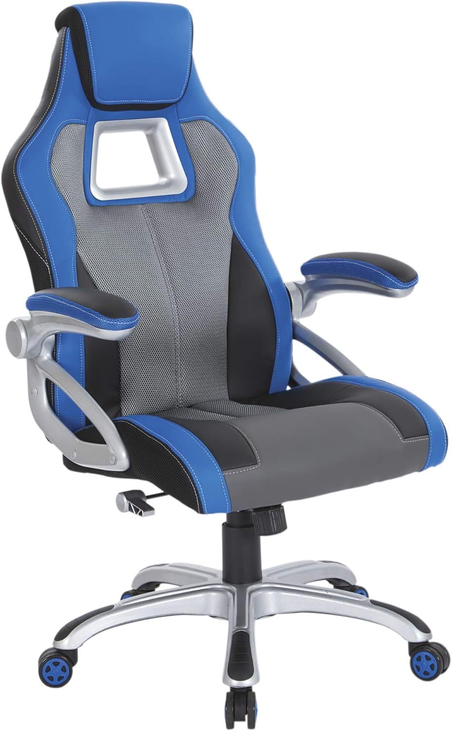 Race Car Adjustable Gaming Chair, Charcoal Grey Bonded Leather with Blue Accents