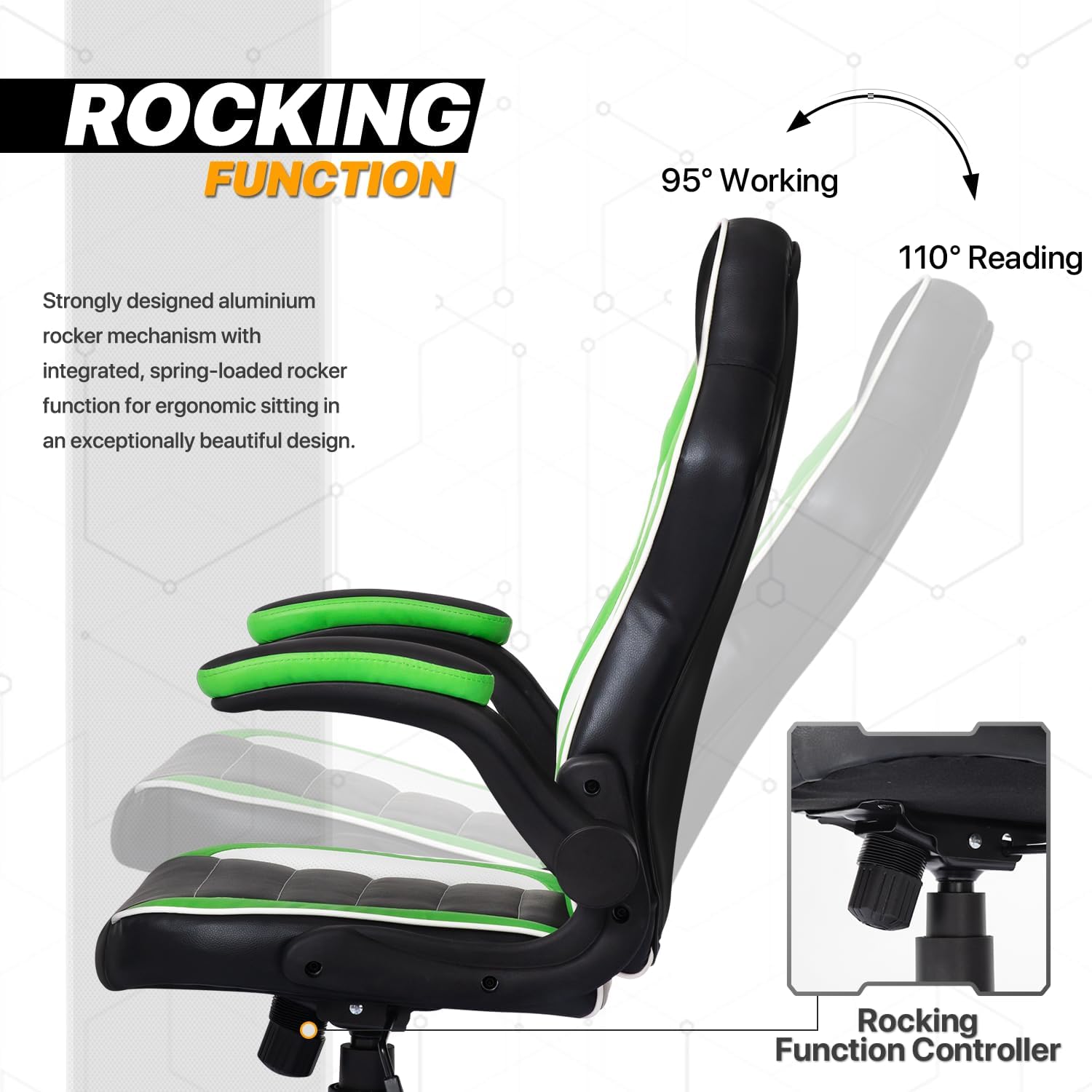 Computer Gaming Chair in Green Ergonomic Video Game Adjustable Swivel Task Chair Padded Flip-up Arms with Wheels for Teens Adults Gamer, Black/Green