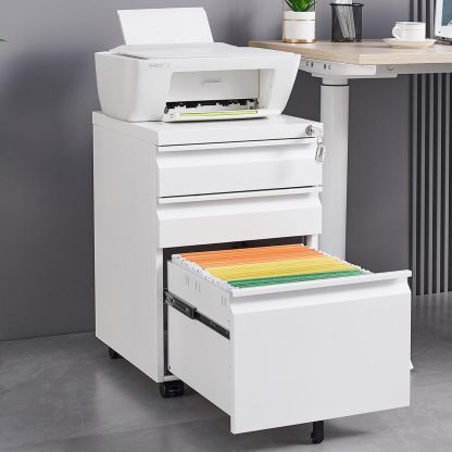 Metal File Cabinets for Home Office 3 Drawer Mobile Filing Cabinet with Lock 5 Rolling Wheels White Vertical Office Cabinet fits A4/Letter/Legal Size Fully Assembled