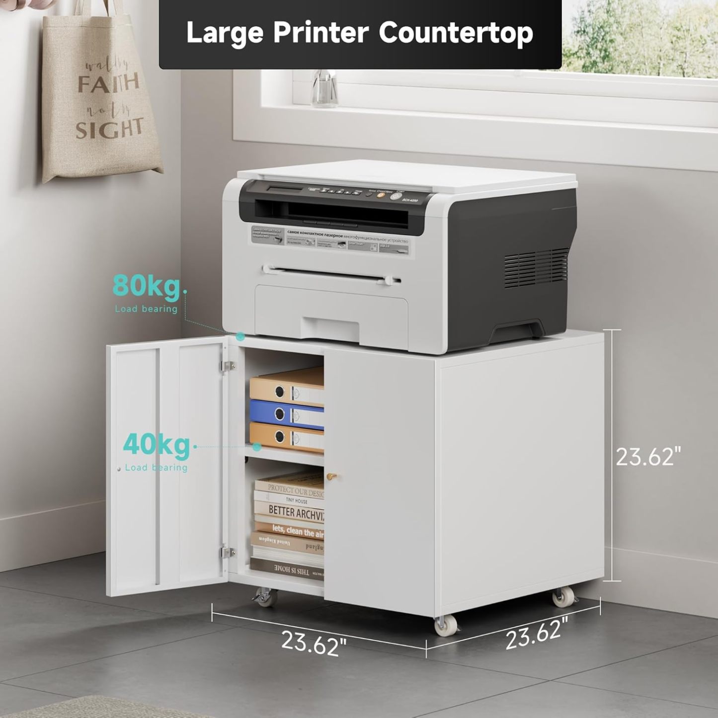 Metal Printer Stand with Storage Mobile Printer Tables for Small Spaces with Door Adjustable Shelf File Cabinet on Wheels for Home Office (White)