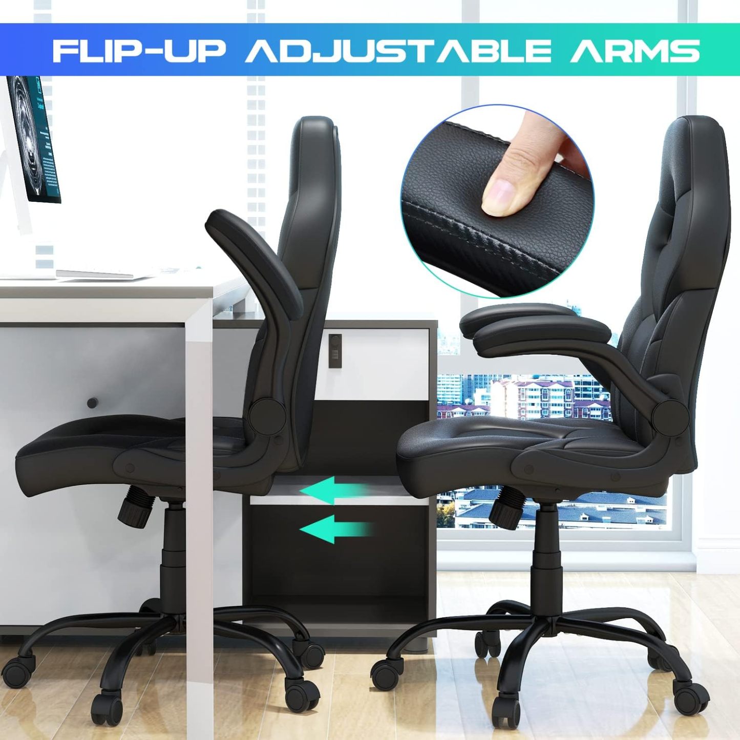 Office Gaming Chair with Flip-up Armrests, Ergonomic Computer Game Chair Bonded Leather Swivel Desk Chair Adjustable Height Comfortable Upholstered Armrests(Black)