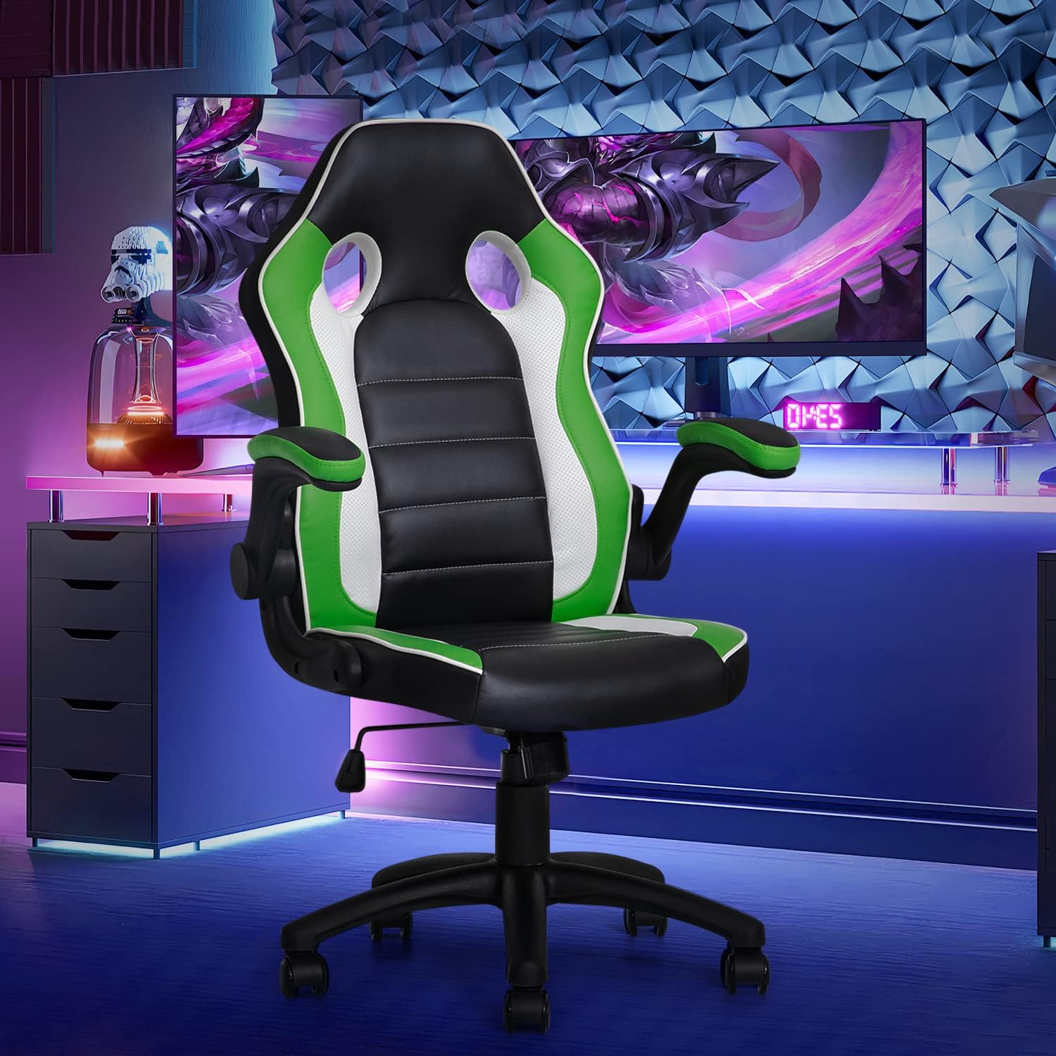 Computer Gaming Chair in Green Ergonomic Video Game Adjustable Swivel Task Chair Padded Flip-up Arms with Wheels for Teens Adults Gamer, Black/Green