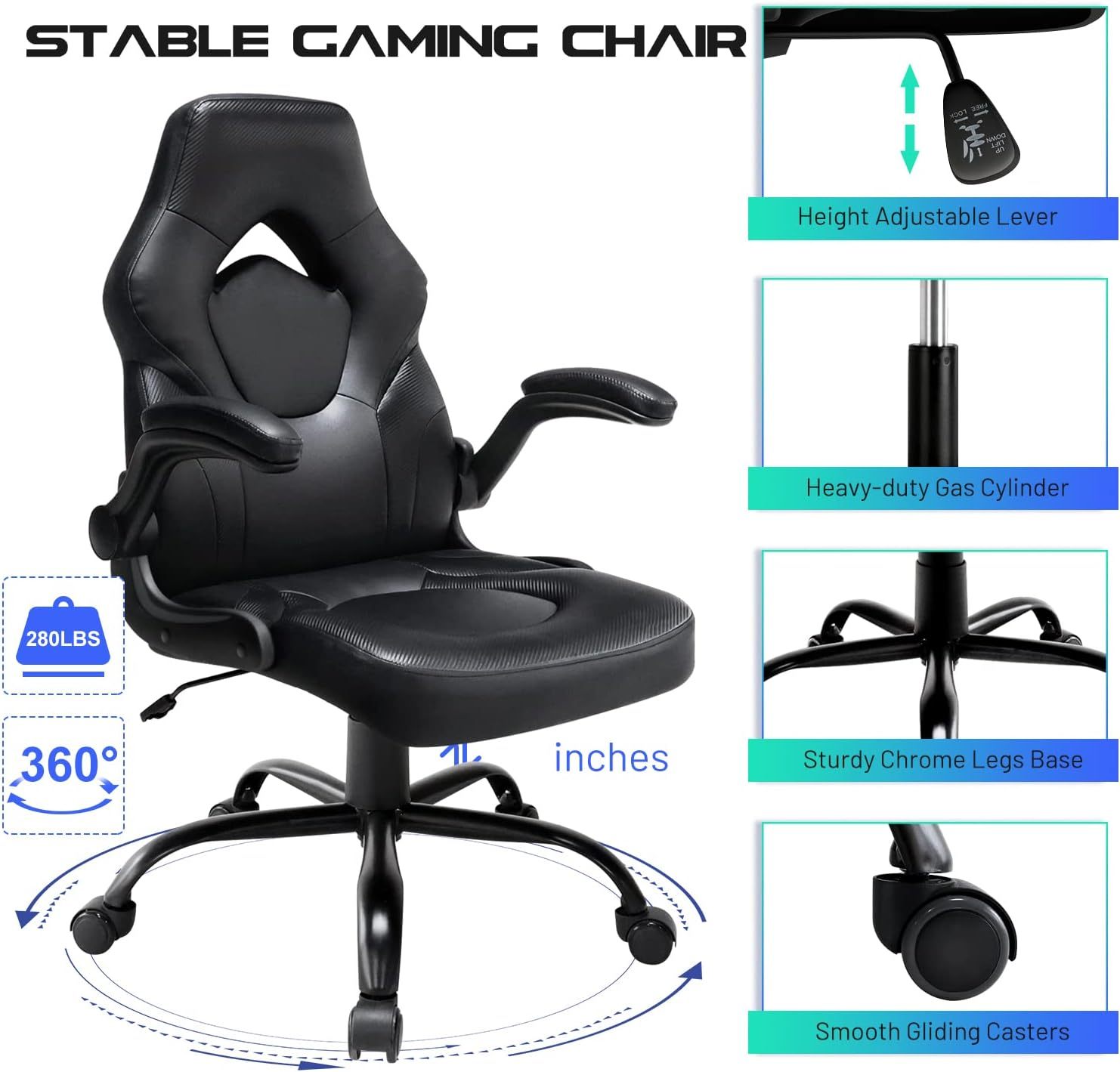 Office Gaming Chair with Flip-up Armrests, Ergonomic Computer Game Chair Bonded Leather Swivel Desk Chair Adjustable Height Comfortable Upholstered Armrests(Black)
