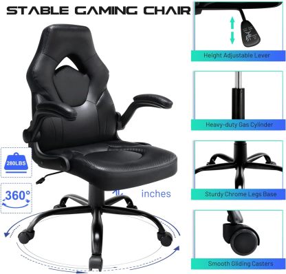 Office Gaming Chair with Flip-up Armrests, Ergonomic Computer Game Chair Bonded Leather Swivel Desk Chair Adjustable Height Comfortable Upholstered Armrests(Black)
