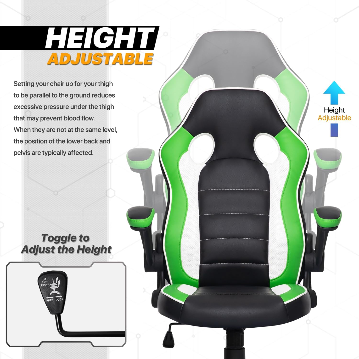 Computer Gaming Chair in Green Ergonomic Video Game Adjustable Swivel Task Chair Padded Flip-up Arms with Wheels for Teens Adults Gamer, Black/Green