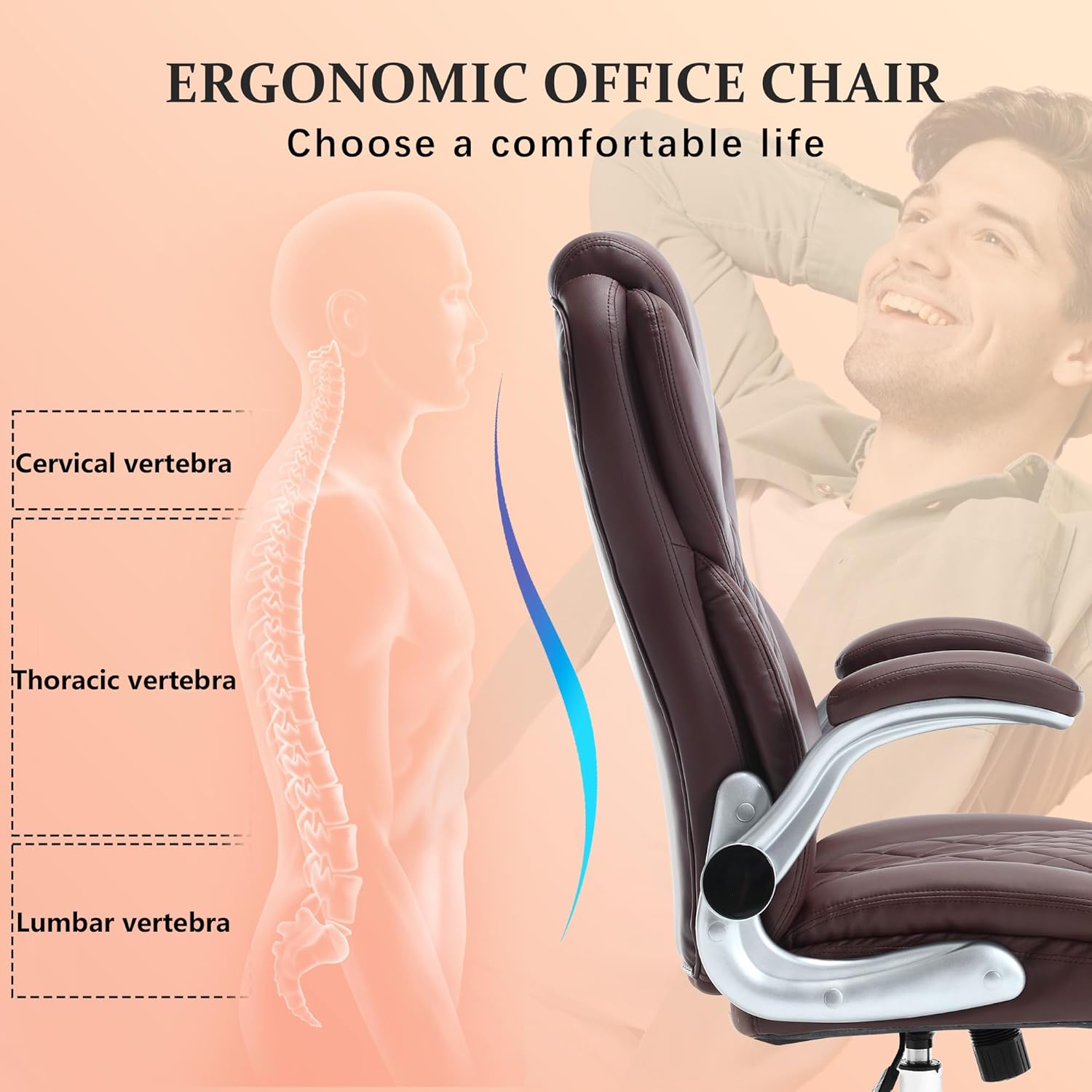 Executive Office Ergonomic Chair with Flip-up Armrests and Lumbar Support Computer High Back Adjustable Desk Chair Rocking PU Leather Modern Swivel Task Chair