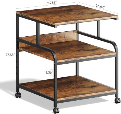 24x24 inches Printer Stand with Adjustable Storage Shelf - Large Printer Table with Wheels - 3 Tier Rolling Printer Cart