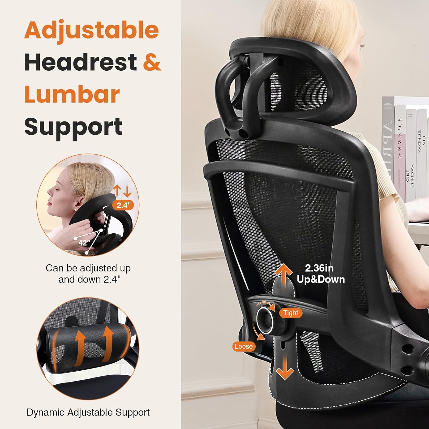 Ergonomic Office Chair with Headrest Adjustable Lumbar Support Flip-up Armrests Mesh High Back Adjustable Height Computer Desk Gaming Chair with Flip-up Armrests,120°Tilt, Black